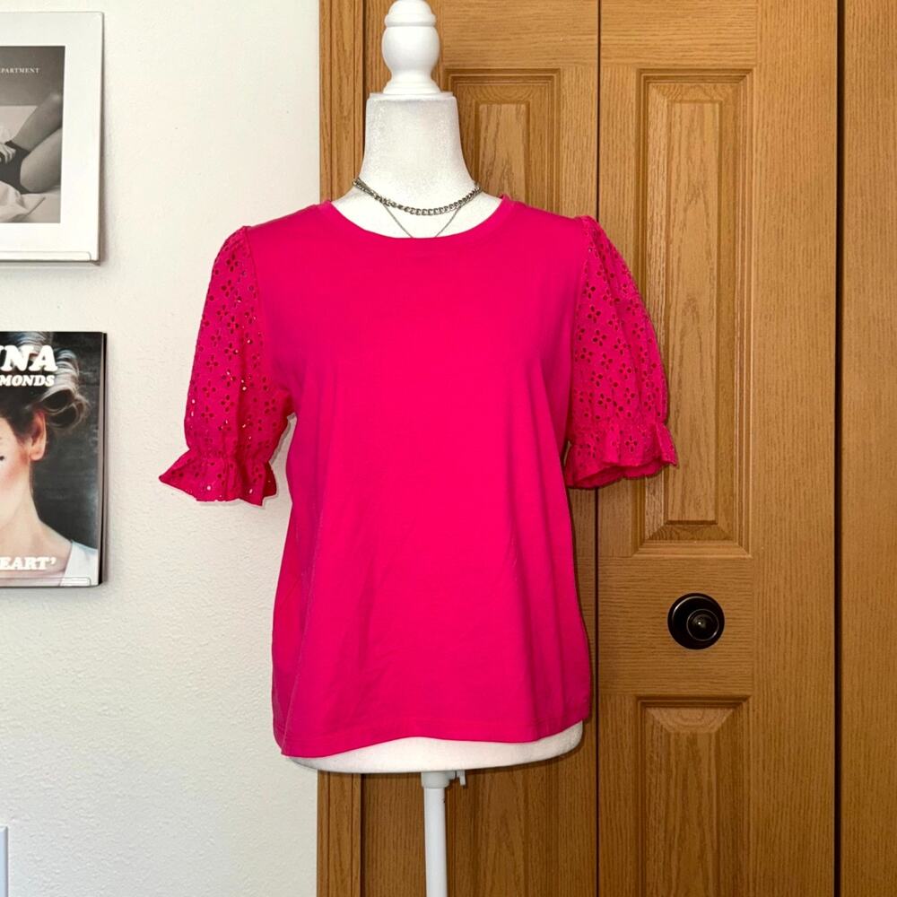 Joie Top‎ Womens Medium Hot Pink Crew Neck Eyelet Puff Sleeve Casual Pullover